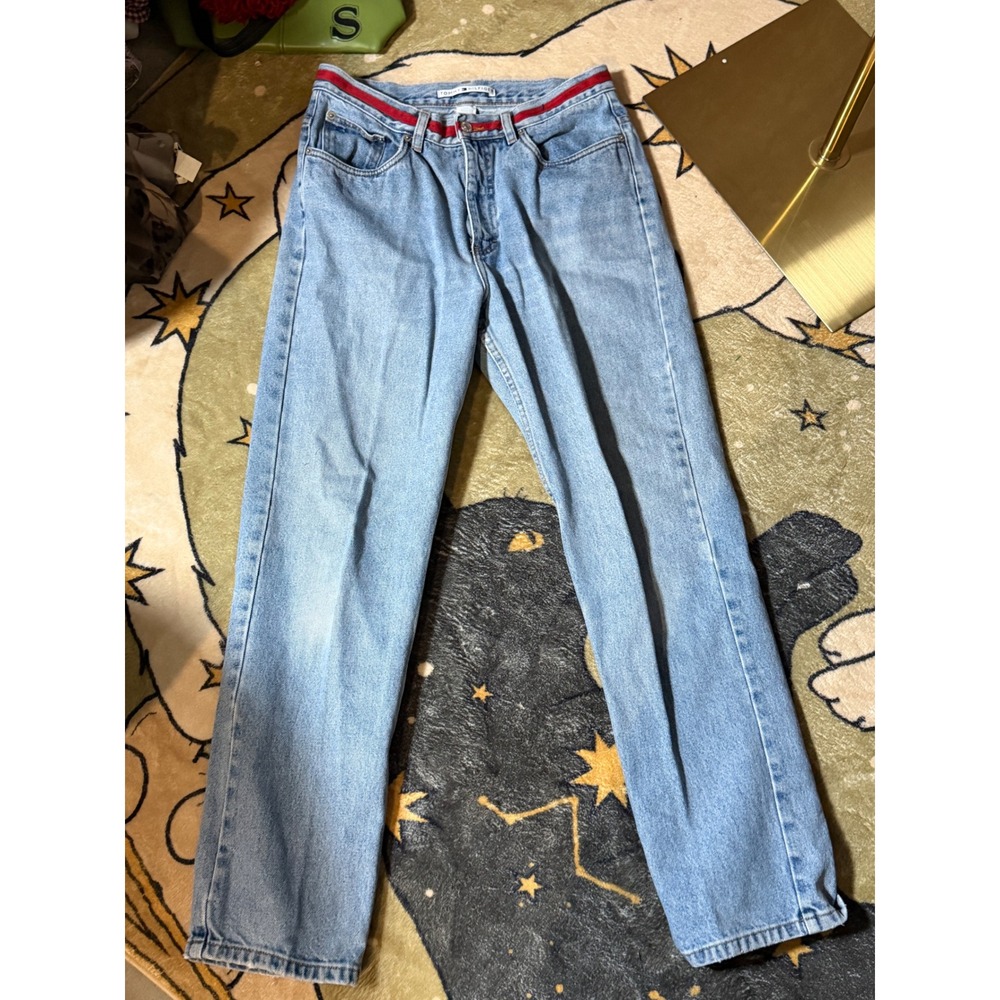 Tommy Hilfiger Mens Jeans‎ Light Wash Straight Leg Red Accent Waistband Size 12